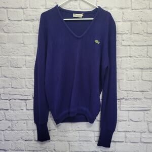 Vintage 80s Izod Lacoste V Neck Sweater Men L Jumper Royal Blue Acrylic Pullover